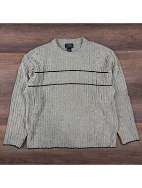 Vintage Ribbed Chenille Sweater Tan Beige Black Striped Y2K